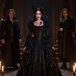 megan fox witch queen, black eyes, blood, full body, intricate victorian dress, middle shot, cinematic lighting, symmetrical eyes, caravaggio, artgerm, joshua middleton, rafael albuquerque, moody lighting, candles