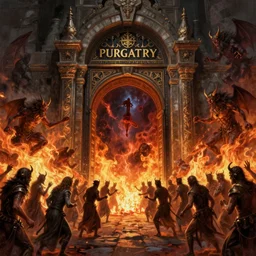 Purgatory gate. A crowd of sinful people is burning in hell in hellfire. The gateway to the infernal underworld. Devils demons and ghouls torment sinful people, highly detailed, digital painting, artstation, concept art, smooth, sharp focus, illustration, art by artgerm and greg rutkowski and alphonse mucha