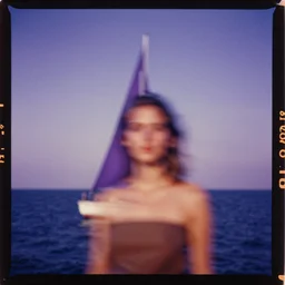 kodak portra 4 0 0, wetplate, motion blur, portrait photo of a backdrop, sailboat, at the sea, coloured in blueberry and purple, by britt marling, muted colours