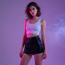 Photo of slim girl, 20yo, 80s model cyberpunk style fashion, cropped to full body, high detail, studio, smoke, sharp, pink violet light, studio, 85mm sigma art lens