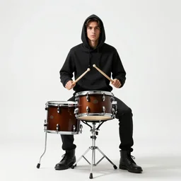 hooded drummer with sticks, photorealistic portrait photography, full body, standing, isolated on a pure white background, centered, whole figure in frame, sharp focus, studio lighting