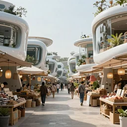 futuristic village marketplace, by zaha hadid, in a village street, depth of field, XF IQ4, 150MP, 50mm, F1.4, ISO 200, 1/160s, natural light