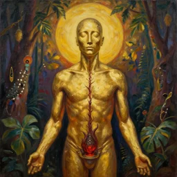 a surreal painting golden faceless man during and ayahuasca hallucination