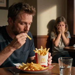 a dad eating his daughter's french fries while she hides and cries in the background