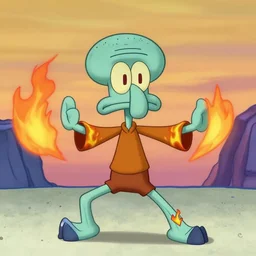 wide shot, detailed photorealistic cartoony face, squidward, wearing fire nation clothing and practicing firebending outside at susnset, [ greg rutkowski ]