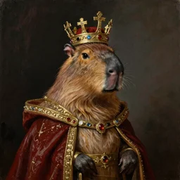 “An oil painting portrait of a capybara wearing medieval royal robes and an ornate crown on a dark background”