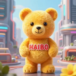 portrait of haribo bear in future city, color and shape focus, cnetral composition, natural light, bloom, puff, by simon stalenhag