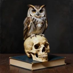 an owl sitting on top of a human skull sitting on top of a book realistic painting dark