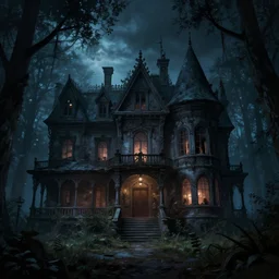 hyper realist matte digital painting of a haunted abandoned mansion in the forest at night, fantasy art, photo realistic, dynamic lighting, artstation, volumetric lighting