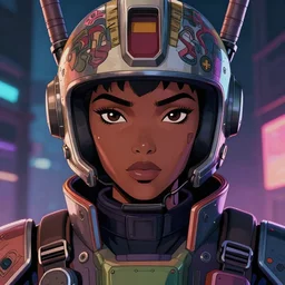 anime portrait illustration of a 👩🏿🚀 gundam pilot in an intricate helmet, hiphop urban inspired, symmetrical proportions, symmetrical perfect facial features, cinematic lighting, hd, 3 2 k, octane, unreal engine, in the style of go teen titans and disney's pixar, by denys cowan and dwayne mcduffie, liquidcoco, rossdraws, artgerm