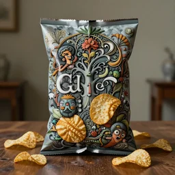 a surreal and awe - inspiring bag of crisps on a table, intricate, elegant, highly detailed matte painting by ernst haeckel and simon stalenhag