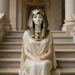 like dust, magic gathers in overlooked places, photorealistic portrait of cleopatra in style of tom bagshaw and greg rutkowski. absolutely stunning!, sitting on the palace stairs, symmetrical perfect face, porcelain skin, ultra - detailed, digital art, 8 k