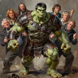 full body and head portrait of huge mutant iranian hulk in tattered leather armour, dynamic action, painted by norman rockwell and phil hale and greg staples and tom lovell and frank schoonover and jack kirby