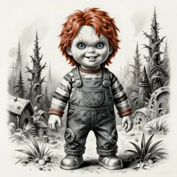 cartoon drawing of chucky by - Zdzisław Beksiński , loony toons style, horror themed, detailed, elegant, intricate