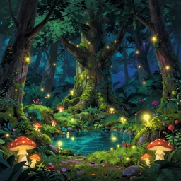 a sanctuary in an enchanted forest, moss, a large tree in the middle, pond, glowing mushrooms, night, glowing lights, epic fantasy, colorfully, digital art, highly saturated colors, concept art, detailed illustration, hd, 4 k, digital art, greg rutkowski, dan mumford, studio ghibli trending on artstation