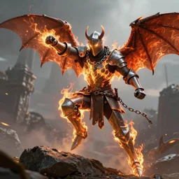 burning, chainmail-wearing, knight with two bat wings and glowing eyes leaping off a rock preparing to throw a punch, ultimate detail, cinematic, 8k, digital fantasy art by Steve Argyle and Jason Chan, cgsociety, trending on artstation, video game cover art, smooth, sharp focus