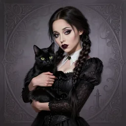 beautiful gothic Ariana Grande as Wednesday Addams holding a Black Cat, Black Hair, goth, Tim Burton, intricate, elegant, highly detailed, digital painting, artstation, concept art, smooth, sharp, focus, illustration, art by artgerm and greg rutkowski and alphonse mucha