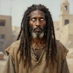 masterpiece painting of a portrait of a long dreadlocks hair egyptian old man, White blind eyes wearing worn out brown clothes in a city, featured in artstation, concept art by Greg Rutkowski, WLOP, Dan Mumford, Christophe Vacher