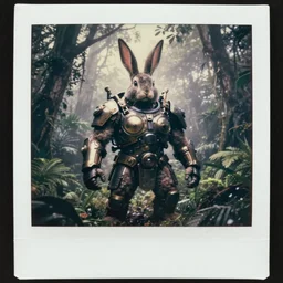 faded! by military archive!! full shot!!!!! big chest!! rabbit armored sci - fi hulked oversized rabbit barbarian, fog, in deep jungle forest jungle, overcast!!! cinematic focus, old damagaed polaroid photo, vintage, neutral colors, faded!! very soft lights, big overcast, very foggy, full shot by steve hanks, by serov valentin, by lisa yuskavage, by andrei tarkovsky