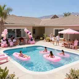 gender reveal party at a suburban house in nevada :: bbq and pool :: people playing in pink water :: a large pink mushroom cloud is visible on the horizon :: clear blue sky :: mood is excess, celebration, absurd, surreal