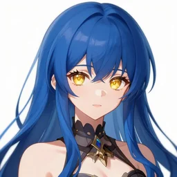 attractive long blue - haired girl with bangs gothic anime character with amber eye color gold, fantasy, screenshot, anime, sharp focus, intricate, illustration, cell shaded, digital painting, highly detailed, concept art, matte, art by ilya kuvshinov and kyoto animation and wlop, and greg rutkowski, studio quality, james jean