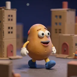 a laika studios animated claymation film still of a happy charming googly eyed potato walking around a cardboard diorama town chatting. sparkly night. full round potato body. noodle legs and arms. gloved hands. casual pose. depth - of - field. rule - of - thirds. laika animated claymation.