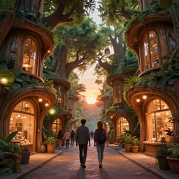 two friends walking down narrow crowded street between futuristic organic giant wooden tree shopfronts, sunset, organic bioluminescent street lights, forest canopy understory, cinematic lighting, octane render, 3 d pixar disney digital cgi rtx hdr painting, highly detailed, artstation cgsociety masterpiece