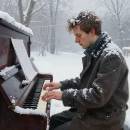 a man playing piano in the heavy snow,fantasy, highly detailed, digital painting, artstation, smooth, sharp focus, art by thomas kinkade and Stephan Martiniere and Thomas Cole