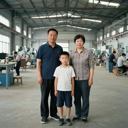group photo of father mother and son in factory, chinese contemporary art, zhang xiaogang