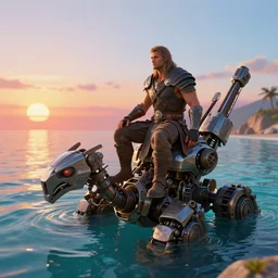 full length portrait of a male warrior sitting on a strange mechanical contraption next to the ocecan with clear water, rendered in bryce 3 d, ray - tracing, water ripples, sunset, vibrant color, depth of field, cinematic lighting, focused, rule of thirds, trending on artstation