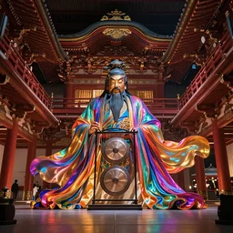 volumetric lighting, flowing shimmering colourful fabrics, emerging gong sounds ,an ancient male bearded face , inside a huge traditional Japanese Royal ornate temple , full colour , upscale , 4k
