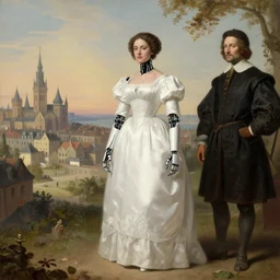 a victorian era veduta of an ai robot woman with a white dress in a landscape of a victorian city, leonardo davinci, carvaggio, 4 k, digital art, trending on artstation