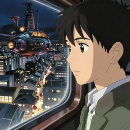 passenger on a dieselpunk airship looking out the window at a nighttime cityscape, kyoto animation still, finely illustrated face, intricately detailed features, digital painting, makoto shinkai, painted by ilya kuvshinov and katsura masakazu and alphonse mucha and satoshi kon