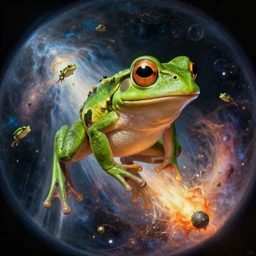 An epic fantastic realism comic book style painting of the most beautiful frog launched into space, many small cips, glorious galactic collision, fisheye, unreal 5, DAZ, hyperrealistic, octane render, dynamic lighting