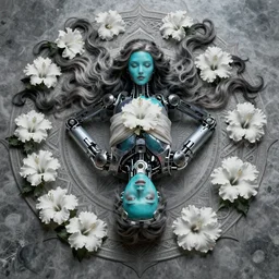 a beautiful intricate fine art portrait photo of a cyborg with bionic implants, epic wavy hair spread out around her lined with white hibiscus, lying on a mandala, by natalie shau and philip kirkland, masterpiece!, turquoise blue face, futuristic robot body, top view, studio lighting, golden ratio composition, 5 0 mm lens, deep depth of field, artstation, 8 k