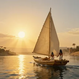 A highly detailed 4K fantasy matte painting of sailing toward the sun on a raft along the ancient River Nile, in ancient Egypt during the golden hour in summer, volumetric sun rays and dust, water reflection, Thomas Kinkade, Greg Rutkowski, ArtStation, CGSociety, Unreal Engine