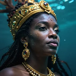 hyperrealistic precisionist whole body cinematic bioluminescent very expressive! oshun goddess underwater scene, gold jewerly, highly detailed face, digital art masterpiece, smooth eric zener cam de leon, dramatic pearlescent turquoise light on one side, low angle uhd 8 k, shallow depth of field