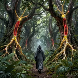 a grey hooded wizard walking through a forest of ancient neurons with yellow and red glowing synapses running through the forest, light creeps through the dense jungle, huge incredibly immense trees, highly detailed, hyperrealism, trending on art station, ancient forest like fanal forest or fangorn forest, misty forest, realistic painting, sharp image, hyper realistic art, highly detailed leaves, cinematic, art by konstantin razumov, chiaroscuro