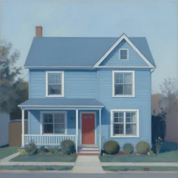 an average size suburban house, dusty blue. beautiful painting by artgerm and greg rutkowski