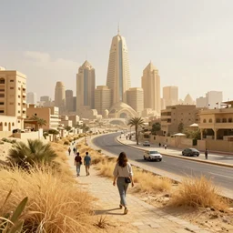 a photo of a walk on a futuristic egyptian bright city, dry grass and bush, busy road city, studio engine lighting, sunrise, digital art, trending on artstation