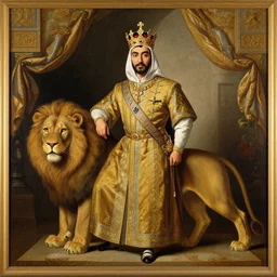 painting of mohammadreza pahlavi, pahlavi is wearing a crown, a lion is standing by his side, baroque, by diego velasquez