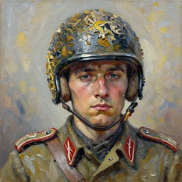 portrait of a third reich soldier in ornate motorcycle dirt helmet, palette knife painting of a close up of a three - dimensional thick impasto oil painting of a beautiful kephalonia, seen through complex globular texture, lots of thick encrusted paint, vast amounts of wax - like lines of dripping oil paint cover nearly everything, painted by john bauer signac and frank auerbach, background