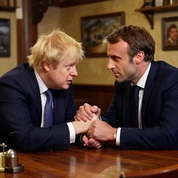 inside a cozy tavern, boris johnson [ [ wrestle ] ] with emmanuel macron