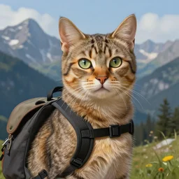 Portrait of a cat with a backpack in the mountains, by Anna Dittmann and Ilya Kuvshinov, Nikolay Makovsky, fantasy, high detail, elegant, digital painting, WLOP, natural light, vibrant, intricate, textured skin, highly detailed, artstation, sharp, focus, illustration, Nikolay Makovsky