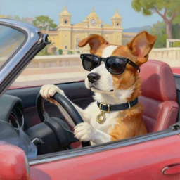a painting of a hipster dog driving a convertible in monte carlo, holding the wheel, in the style of greg rutkowski, highly detailed