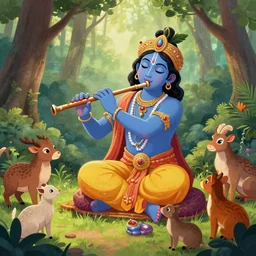 photorelastic ,Young Krishna playing flute in forest and all animals listen his melodious music , Zoom out ,artstation, devainart ,illustration, scenery,