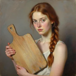 a beautiful painting of a gorgeous young mother holding a weathered cutting board with auburn side braid draped over her shoulder and pretty hazel eyes,, representative of the art style of artgerm and wlop and peter mohrbacher