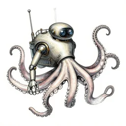 underwater robot with octopus tentacles, hand drawn illustration, antique style art, highly detailed