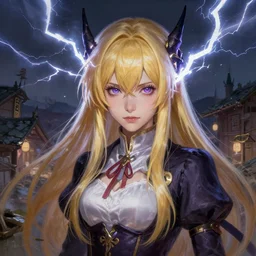 Shalltear Bloodfallen Casting Twin Dragon Lightning in a village, detailed, centered, digital painting, artstation, concept art, donato giancola, Joseph Christian Leyendecker, WLOP, Boris Vallejo, Breathtaking, 8k resolution, extremely detailed, beautiful, establishing shot, artistic, hyperrealistic, beautiful face, octane render, cinematic lighting, dramatic lighting, masterpiece