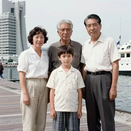 full color still of a family photo in 1920 Yokohama, 150mm lens by Akira Kurosawa, 1980 cinematography